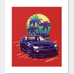 Blue Retro Sunset JDM Cars Posters and Art